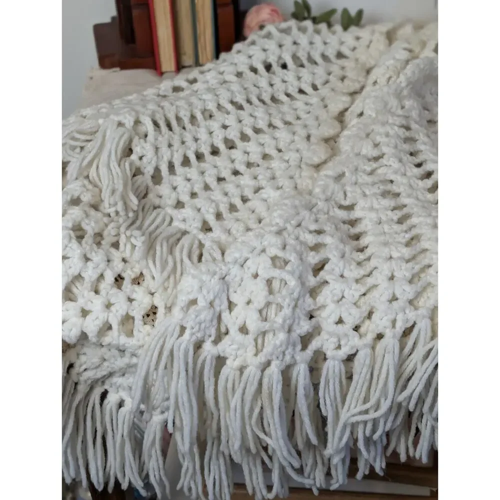 Vintage Handmade Crochet Fringe Shawl Cottagecore Prairie Festival Wrap
